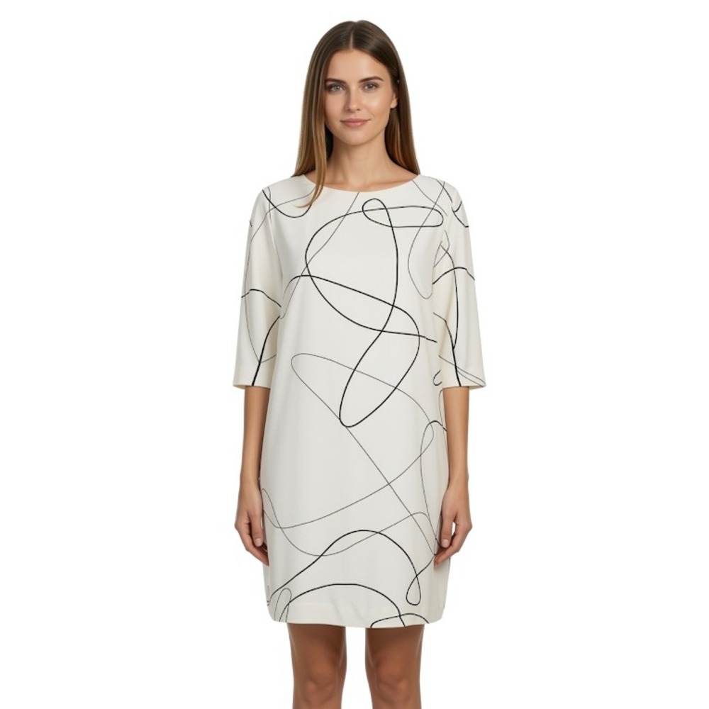 Lisa Perry Cream Black Abstract Scribble 100% Silk Shift Dress Size 8 Made in NY